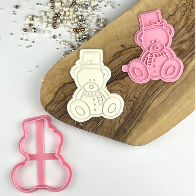 Taglia Biscotto Pupazzo di neve seduto orsacchiotto tagliabiscotti di Natale e timbro