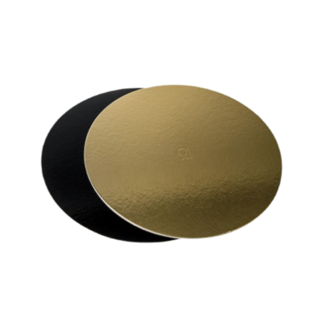 Vassoio sottotorta in cartone rotondo  per torte 5 pezzi in due colori Oro/nero diamentro 28 bordo liscio