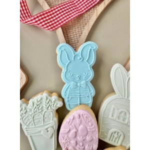 Stampo biscotto + timbro Coniglietto pasquale con papillon + tagliabiscotti